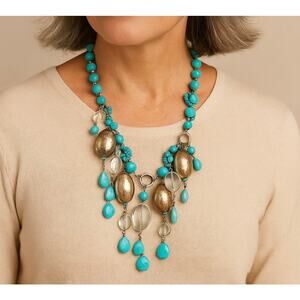 Chico’s Turquoise Statement Necklace Boho Southwestern Mixed Bead Silver Tone